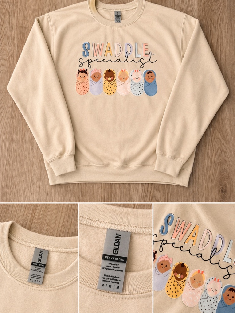 Gildan Cream Sweatshirt with Pastel 'Swaddle Specialist' Graphic